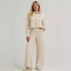 Lee Jeans Knit Button Down Shirt & Wide Leg Pull-On Pant Set in Soybean, Size M